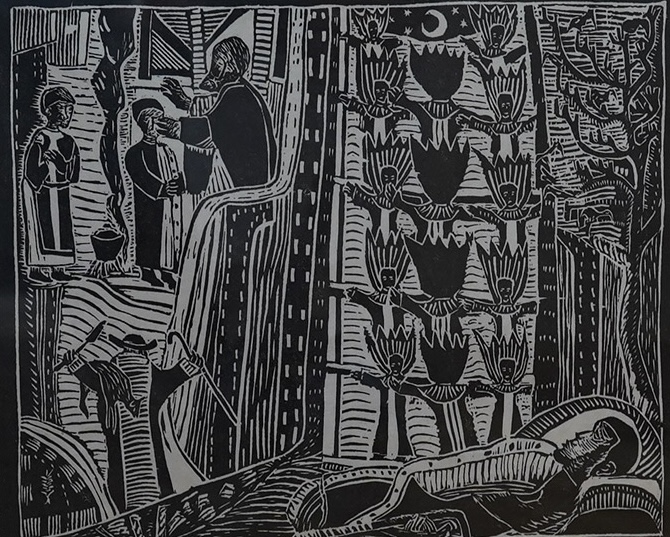 Azaria Mbatha (African, b.1941), wood block print, Surreal composition tribal figures, signed in pencil, limited edition 13/100, 28 x 33cm. Condition - fair to good